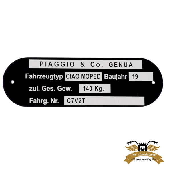 Typenschild Ciao C7V2T Aluminium 80x25mm gelocht Rahmenplakette